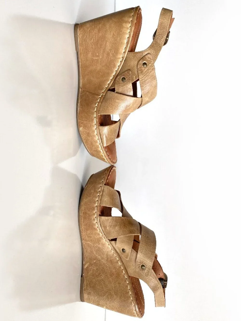 Born Womens US 6 Brown Leather CrisCross Sling Back Platform Wedge Sandals Shoes